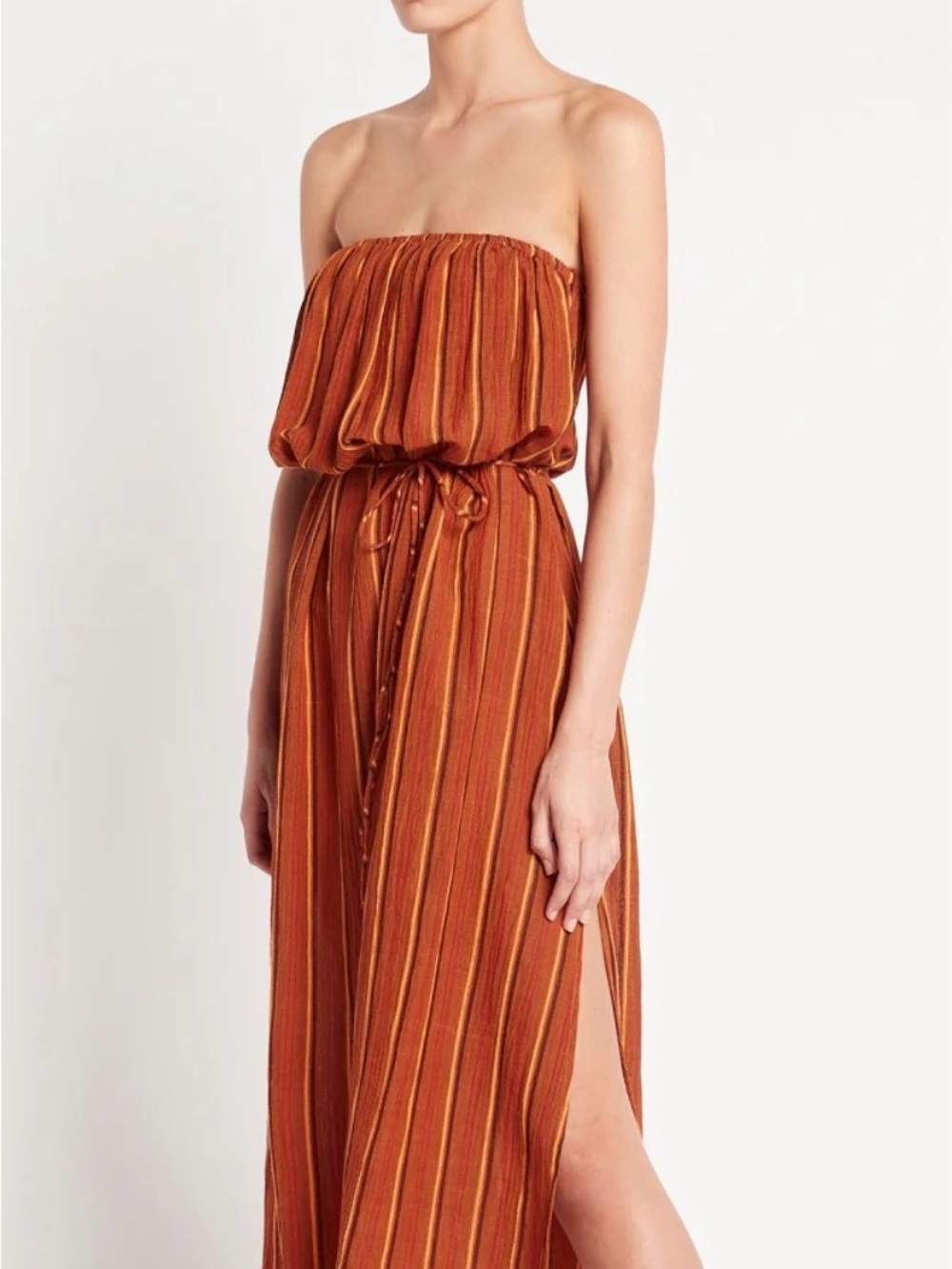 Faithfull the Brand Orange and Rust Textured Strapless Summer Dress